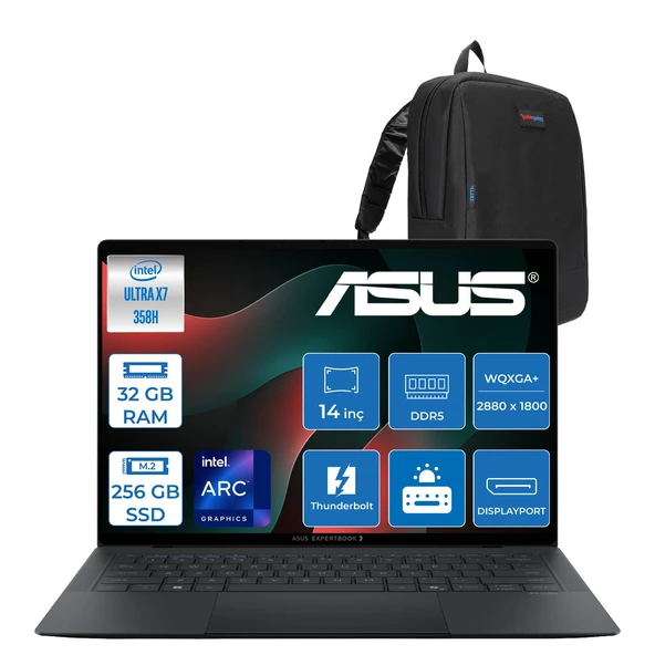 Asus Expertbook (B9406CAA) Intel® Core™ Ultra X7 358H 32GB 256GB SSD Intel® Arc™ Gpu 14.0-Inch OLED Wqxga+ (2880 x 1800) 1400NITS Hdr DCI-P3:100 Freedos Dokunmatik Bilgisayar ETH0646F11+ZETTAÇANTA ürün görseli 1