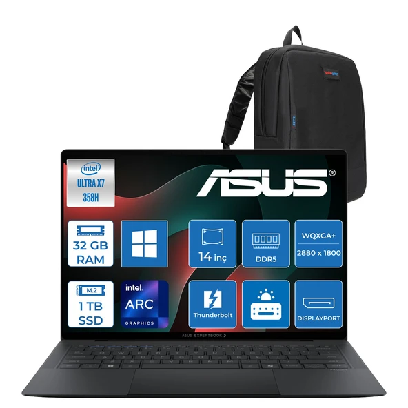Asus Expertbook (B9406CAA) Intel® Core™ Ultra X7 358H 32GB 1tb SSD Intel® Arc™ Gpu 14.0-Inch OLED Wqxga+ (2880 x 1800) 1400NITS Hdr DCI-P3:100 WIN11PRO Dokunmatik Bilgisayar ETH0646P13+ZETTAÇANTA ürün görseli 1