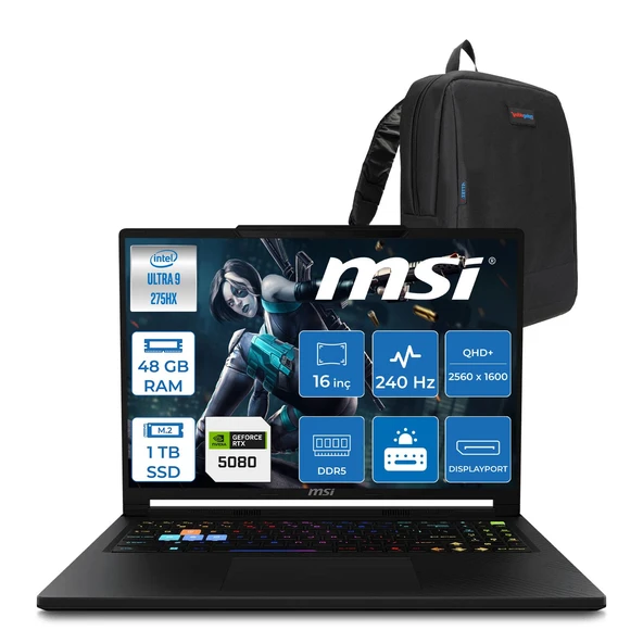 MSI Msı Raider 16 Hx B2WI-021TR Intel Ultra 9 275HX Aı 48GB Ddr5 1tb SSD 16GB/RTX5080 175W  16" QHD+(2560X1600), 240Hz IPS 100% Dcı-P3 Freedos Gaming Laptop MSW021TRF19+ZETTAÇANTA ürün görseli 1