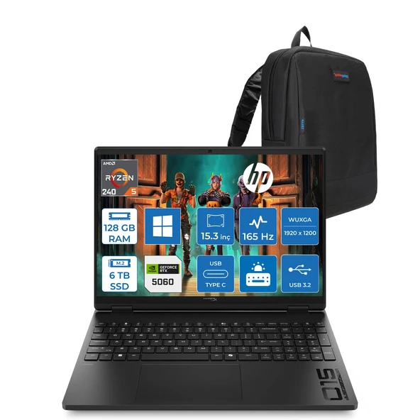 Hp Hyperx Omen 15 Amd Ryzen 5 240 128GB Ddr5 6tb SSD Geforce RTX5060 8gb Windows 11 Pro 15.3" Wuxga (1920X1200) IPS 300NITS 165Hz Oyuncu Bilgisayarı HOD2QW3EAP53 + Zetta Çanta ürün görseli 1