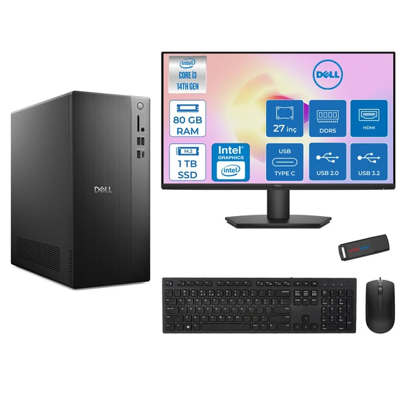 Dell Tower ECT1250 Intel Core I3 14100 80GB Ddr5 1tb SSD UHD Graphics 730 27" Mon WIN11HOME Kurumsal Masaüstü Bilgisayar 3ECT125014M27H26 + Zettausb ürün görseli 1