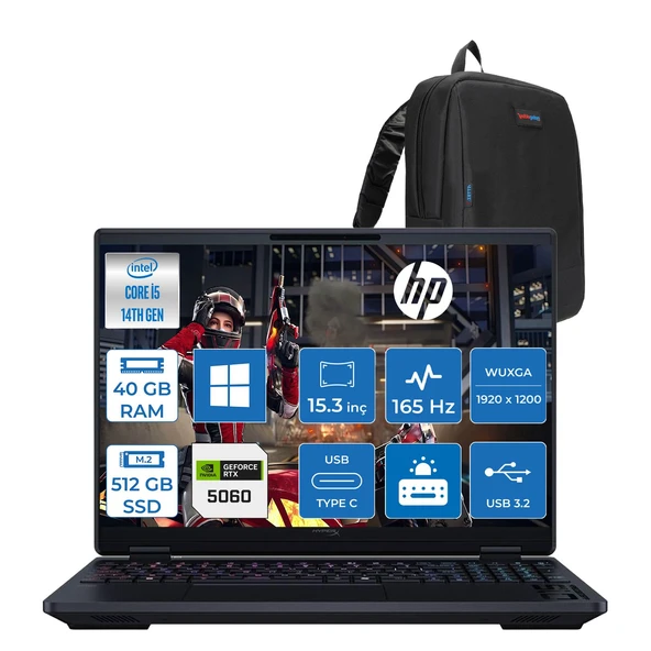 Hp Hyperx Omen 15-GA0004NT Intel Core I5 14450HX 40GB Ddr5 512GB SSD Geforce RTX5060 8gb Windows 11 Home 15.3" Wuxga (1920X1200) IPS 300NITS 165Hz Oyuncu Bilgisayarı HOD2TT1EAH19 + Zetta Çanta ürün görseli 1