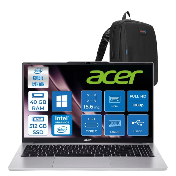 Acer Aspire Lite AL15-71P-536Q Intel Core I5 12450H 40GB 512GB SSD Windows 11 Pro 15.6'' Fullhd (1920 x 1080) Laptop NXJ7JEY001P17 + Zetta Çanta ürün görseli 1