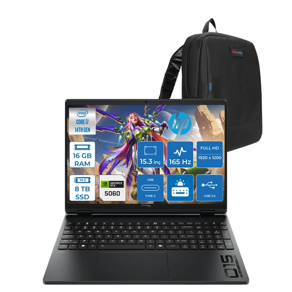 Hp Hyperx Omen Laptop Intel Core I7 14650HX 16GB 8tb SSD 8GB/RTX5060/115W 15,3" Wuxga 165hz IPS 300NIT %62,5 Srgb Windows 11 Home Gaming Bilgisayar DHP2RC3EAF49 + Zettaçanta ürün görseli 1