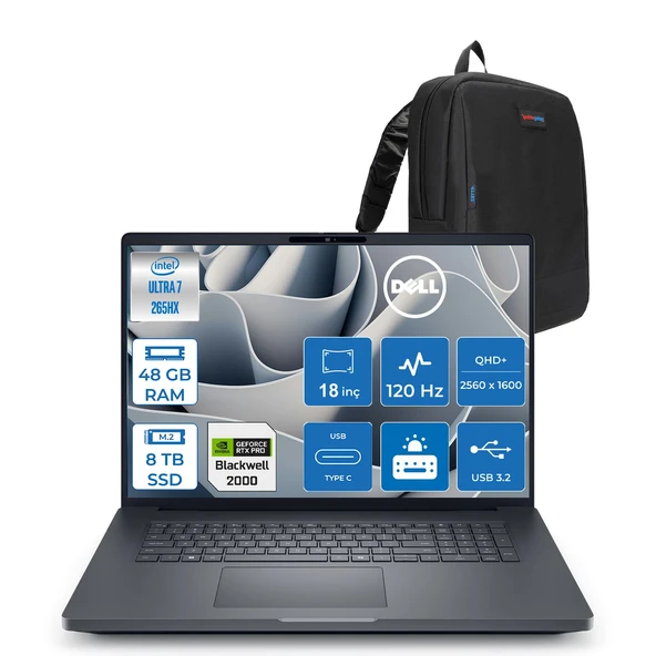 Dell Pro Max 18 Plus Ultra 7 265HX Ddr5 48GB 8tb SSD 8GB/RTXPRO2000 Gddr7 18" Qhd+ 2560X1600 120Hz 500NITS Wifi 7 + Bt5.4 Freedos Kurumsal Iş Bilgisayarı MB18250X2F53 + Zettaçanta ürün görseli 1