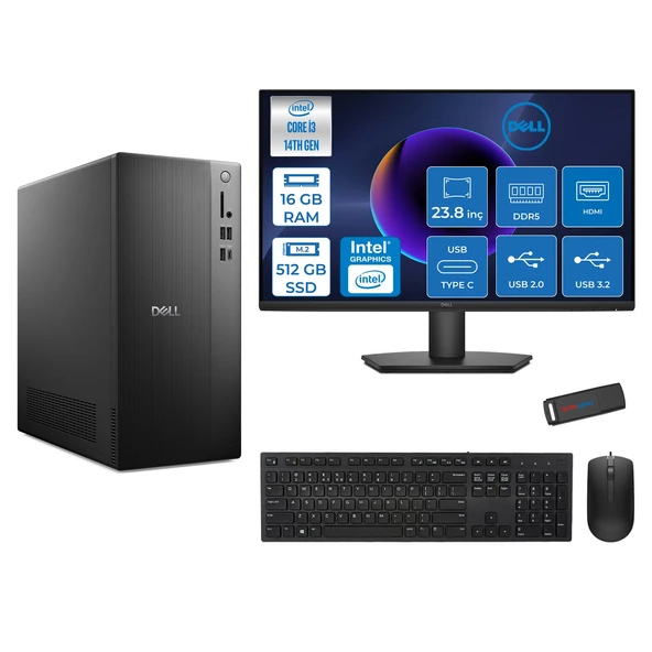 Dell Tower ECT1250 Intel Core I3 14100 16GB Ddr5 512GB SSD UHD Graphics 730 23.8" Mon WIN11PRO Kurumsal Masaüstü Bilgisayar 3ECT125014M23P01 + Zettausb ürün görseli 1