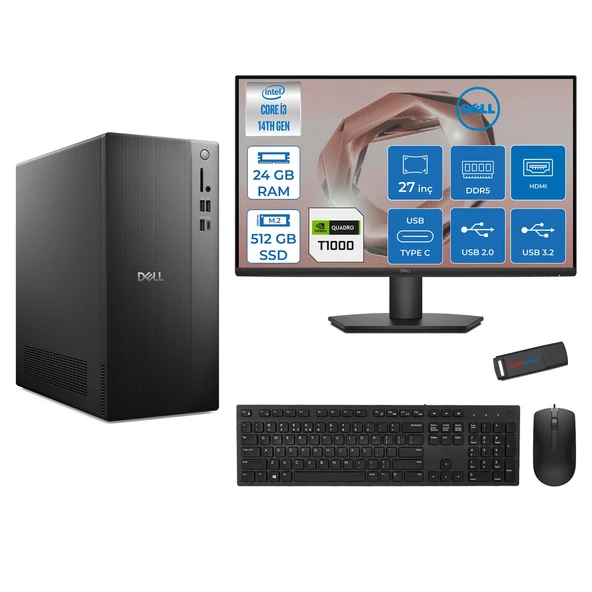 Dell Tower ECT1250 Intel Core I3 14100 24GB Ddr5 512GB SSD 4GB/T1000 27" Mon WIN11PRO Kurumsal Masaüstü Bilgisayar T1003ECT125014M27P05 + Zettausb ürün görseli 1