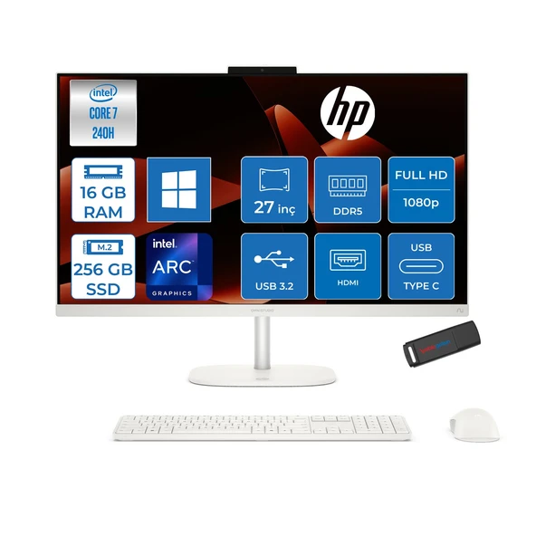 Hp Omnistudio 27-CU0008NT Intel Core 7 240H Up 5.2ghz 16GB Ddr5 256GB SSD 27" Fhd (1920X1080) IPS 350 Nit %100 Srgb Wled WIN11PRO Beyaz Allınone Bilgisayar D62C0EAP01+ZETTAUSBBELLEK ürün görseli 1