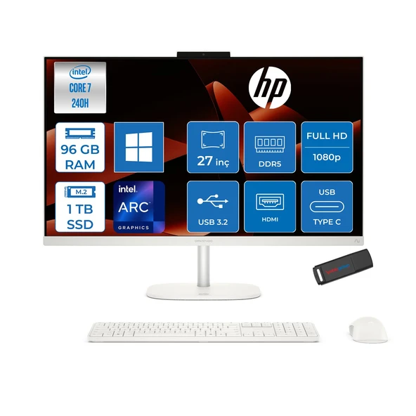 Hp Omnistudio 27-CU0008NT Intel Core 7 240H Up 5.2ghz 96GB Ddr5 1tb SSD 27" Fhd (1920X1080) IPS 350 Nit %100 Srgb Wled WIN11PRO Beyaz Allınone Bilgisayar D62C0EAP33+ZETTAUSBBELLEK ürün görseli 1
