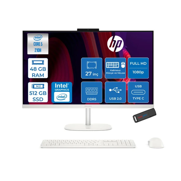 Hp Omnistudio 27-CU0009NT Intel Core 5 210H Up 4,8ghz 48GB Ddr5 512GB SSD 27" Fhd (1920X1080) IPS 350 Nit %100 Srgb Wled Freedos Beyaz Allınone Bilgisayar D62C1EAF17+ZETTAUSBBELLEK ürün görseli 1