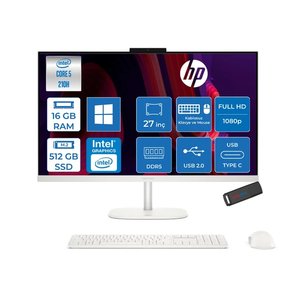 Hp Omnistudio 27-CU0009NT Intel Core 5 210H Up 4,8ghz 16GB Ddr5 512GB SSD 27" Fhd (1920X1080) IPS 350 Nit %100 Srgb Wled WIN11PRO Beyaz Allınone Bilgisayar D62C1EAP02+ZETTAUSBBELLEK ürün görseli 1