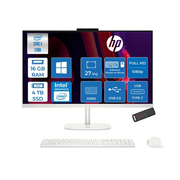Hp Omnistudio 27-CU0009NT Intel Core 5 210H Up 4,8ghz 16GB Ddr5 4tb SSD 27" Fhd (1920X1080) IPS 350 Nit %100 Srgb Wled WIN11HOME Beyaz Allınone Bilgisayar D62C1EAH05+ZETTAUSBBELLEK ürün görseli 1