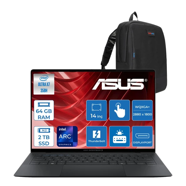 Asus Expertbook (B9406CAA) Intel® Core™ Ultra X7 358H 64GB 2tb SSD Intel® Arc™ Gpu 14.0-Inch OLED Wqxga+ (2880 x 1800) 1400NITS Hdr DCI-P3:100 Freedos Dokunmatik Bilgisayar UX7641TB1DF14+ZETTAÇANTA ürün görseli 1