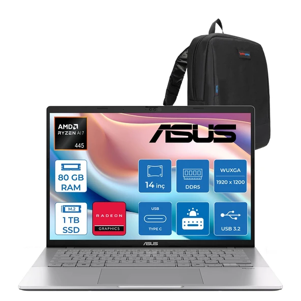 Asus Vivobook M3407GA Amd Ryzen Aı 7 445 Aı 80GB Ddr5 1tb SSD 14.0-Inch, Wuxga (1920 x 1200) OLED 0.2ms 300NITS Freedos Taşınabilir Bilgisayar WSF013F28+ZETTAÇANTA ürün görseli 1