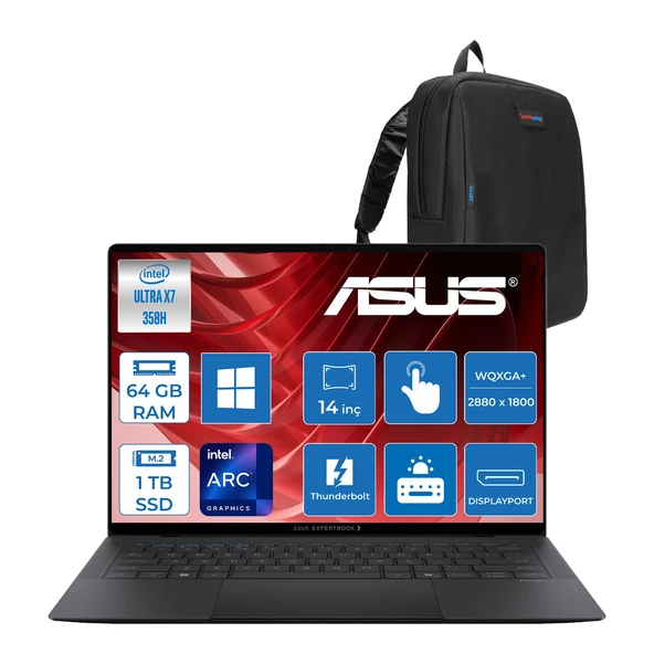Asus Expertbook (B9406CAA) Intel® Core™ Ultra X7 358H 64GB 1tb SSD Intel® Arc™ Gpu 14.0-Inch OLED Wqxga+ (2880 x 1800) 1400NITS Hdr DCI-P3:100 WIN11PRO Dokunmatik Bilgisayar UX7641TB1DP13+ZETTAÇANTA ürün görseli 1