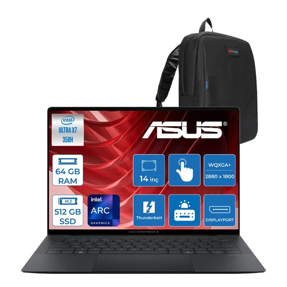 Asus Expertbook (B9406CAA) Intel® Core™ Ultra X7 358H 64GB 512GB SSD Intel® Arc™ Gpu 14.0-Inch OLED Wqxga+ (2880 x 1800) 1400NITS Hdr DCI-P3:100 Freedos Dokunmatik Bilgisayar UX7641TB1DF12+ZETTAÇANTA ürün görseli 1