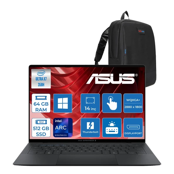 Asus Expertbook (B9406CAA) Intel® Core™ Ultra X7 358H 64GB 512GB SSD Intel® Arc™ Gpu 14.0-Inch OLED Wqxga+ (2880 x 1800) 1400NITS Hdr DCI-P3:100 WIN11PRO Dokunmatik Bilgisayar UX7641TB1DP12+ZETTAÇANTA ürün görseli 1