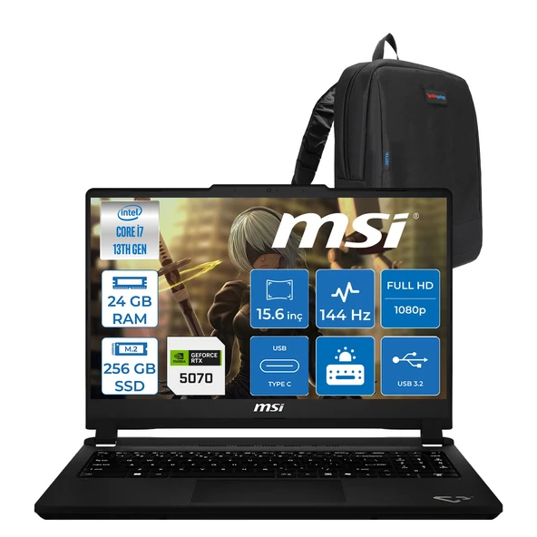 Msi Cyborg 15 Max C13WG-070XTR Intel Core I7 13620H 24GB Ddr5 256GB SSD Geforce RTX5070 100W Gddr7 8gb Freedos 15.6" IPS Fullhd (1920X1080) 144Hz Oyuncu Bilgisayarı 070XTRF06 + Zetta Çanta ürün görseli 1