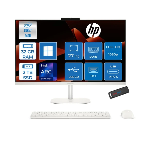 Hp Omnistudio 27-CU0008NT Intel Core 7 240H Up 5.2ghz 32GB Ddr5 2tb SSD 27" Fhd (1920X1080) IPS 350 Nit %100 Srgb Wled WIN11HOME Beyaz Allınone Bilgisayar D62C0EAH14+ZETTAUSBBELLEK ürün görseli 1