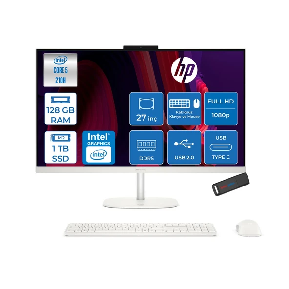 Hp Omnistudio 27-CU0009NT Intel Core 5 210H Up 4,8ghz 128GB Ddr5 1tb SSD 27" Fhd (1920X1080) IPS 350 Nit %100 Srgb Wled Freedos Beyaz Allınone Bilgisayar D62C1EAF38+ZETTAUSBBELLEK ürün görseli 1