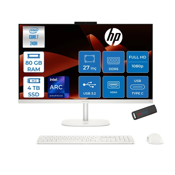 Hp Omnistudio 27-CU0008NT Intel Core 7 240H Up 5.2ghz 80GB Ddr5 4tb SSD 27" Fhd (1920X1080) IPS 350 Nit %100 Srgb Wled Freedos Beyaz Allınone Bilgisayar D62C0EAF30+ZETTAUSBBELLEK ürün görseli 1