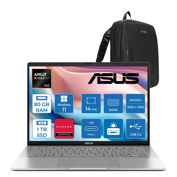 Asus Vivobook M3407GA Amd Ryzen Aı 7 445 Aı 80GB Ddr5 1tb SSD 14.0-Inch, Wuxga (1920 x 1200) OLED 0.2ms 300NITS WIN11HOME Taşınabilir Bilgisayar WSF013H28+ZETTAÇANTA ürün görseli 1