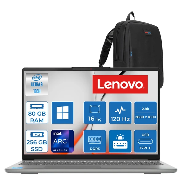 Lenovo Ideapad Slim 5 16IMH10 Intel® Core™ Ultra 9 185H 80GB Ddr5 256GB SSD Intel® Arc™ Graphics 16" 2.8k (2880X1800) OLED 500NITS 100% Dcı-P3, 120Hz WIN11HOME Bilgisayar 83V70057TRH26+ZETTAÇANTA ürün görseli 1