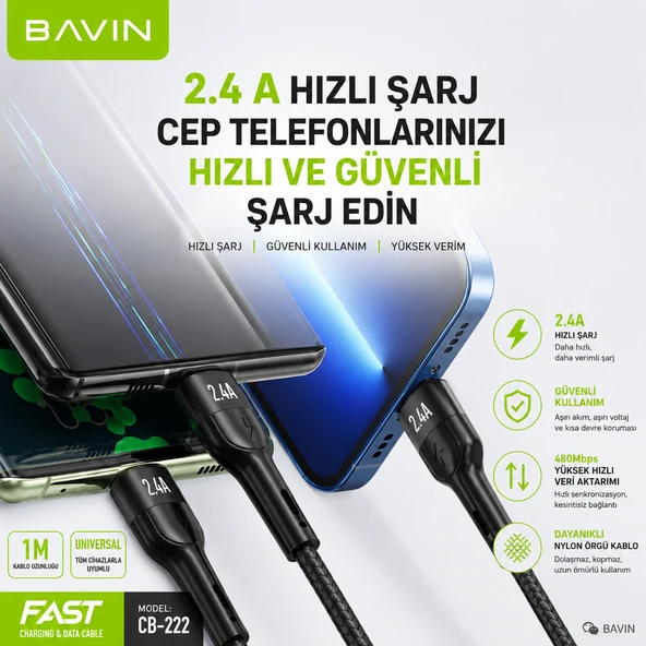 Bavin Typce Usb Hızlı Şarj Çoklu Hızlı Şarj Kablosu 3in1 Siyah Örgülü ürün görseli 1