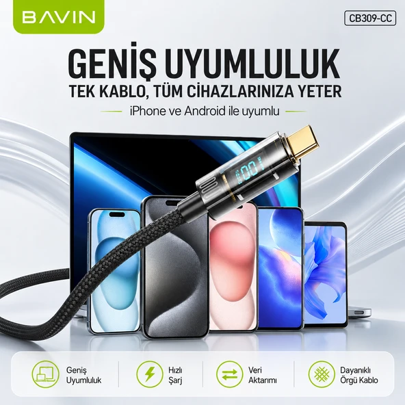 100W Type-C LED Ekranlı, Hızlı Şarj ve Data Kablosu Örgülü Tüm Cihazlarla Uyumlu ürün görseli 1