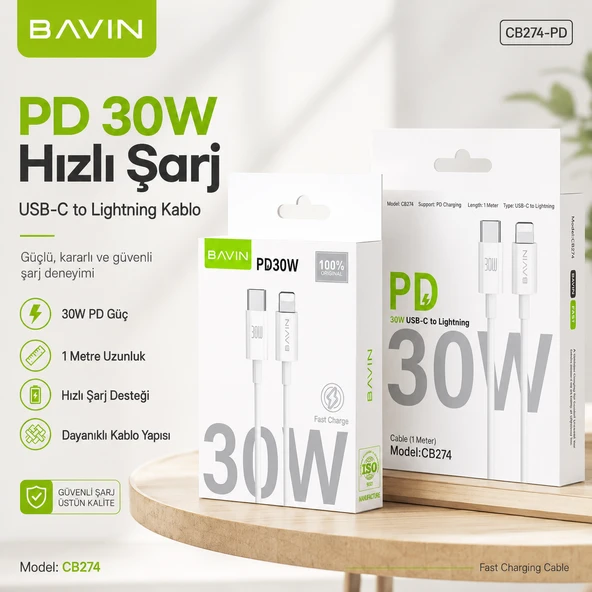 Bavin 30W Type-c lightning Hızlı Şarj Ve Data Kablosu 3A Beyaz 30 W PD KABLO ürün görseli 1