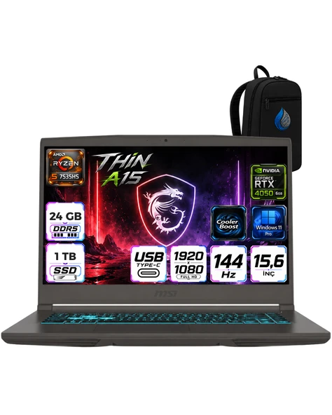MSI NB THIN A15 RYZEN 5 7535HS 24 GB DDR5 1 TB SSD 6GB RTX4050 15.6 FHD 144Hz Windows 11 Pro Taşınabilir Bilgisayar B7VERNP06 ürün görseli 1