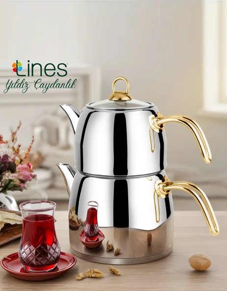 Lines Yıldız Aile Boy Paslanmaz Çelik Çaydanlık Altın Kulplu ürün görseli 1