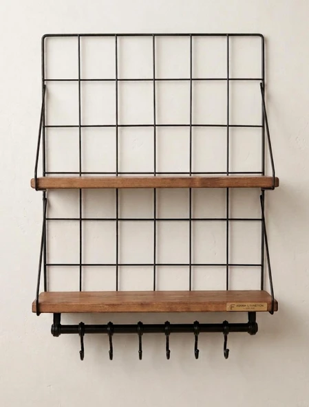 Çift Ahşap Raflı Metal Duvar Rafı 6 Kancalı Mutfak & Banyo Organizer 60+40 cm ürün görseli 1