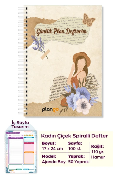 Kadın ve Çiçek Spiralli Günlük Planlama Defteri - Daily Planner -  Planlayıcı ürün görseli 1