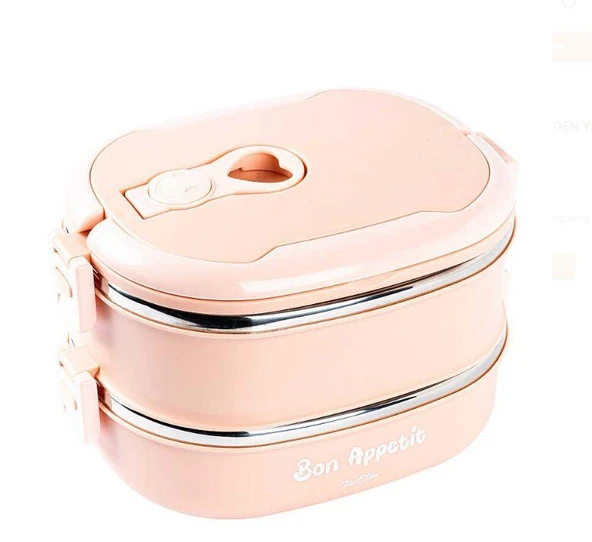 TANTİTONİ 2 KATLI PEMBE PASLANMAZ ÇELİK DİKDÖRGEN YEMEK TAŞIMA KABI 1,8 L ürün görseli 1