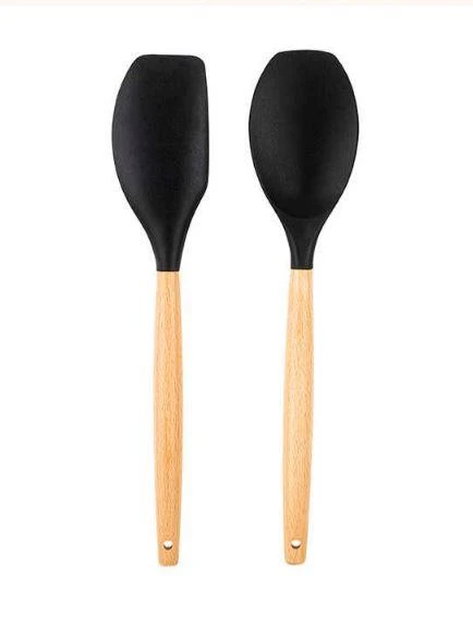 TANTİTONİ BAMBU SAPLI FÜME RENKLİ SİLİKON BÜYÜK KAŞIK VE SPATULA SETİ ürün görseli 1