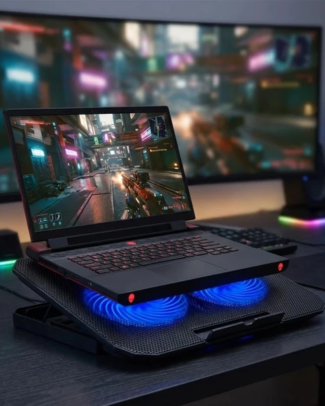 Laptop Soğutucu Stand Çift Fanlı 17 İnç Uyumlu Ayarlanabilir Notebook Altlığı ürün görseli 1