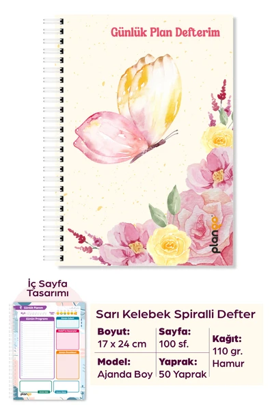 Sarı Kelebek Spiralli Günlük Planlama Defteri - 100 Sayfa - 17x24 Planlayıcı Defter ürün görseli 1