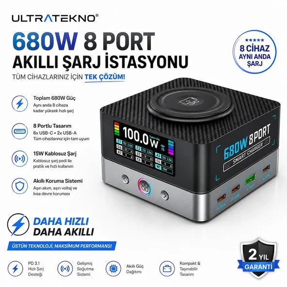 ULTRATEKNO WLX-R8A 680W GaN Masaüstü Çoklu Şarj İstasyonu PD 3.1 USB-C Laptop MacBook Telefon Tablet Hızlı Şarj Cihazı ürün görseli 1
