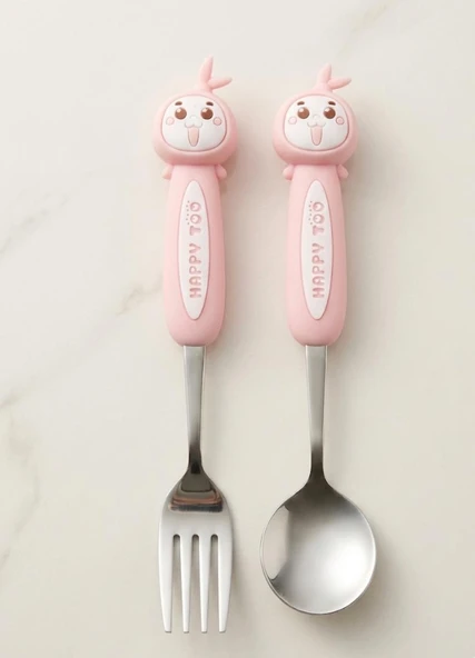 SEVİMLİ Figürlü Premium Çocuk BPA Free Paslanmaz Çelik Uçlu Çatal-Kaşık Set 24+ Ay pembe renk ürün görseli 1