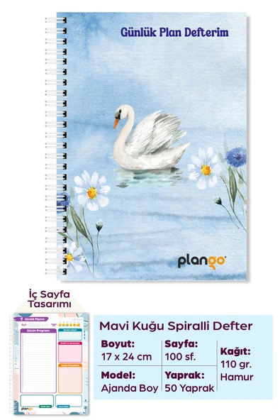 Mavi Kuğu Spiralli Günlük Planlama Defteri - 100 Sayfa - 17x24 Planlayıcı Defter ürün görseli 1
