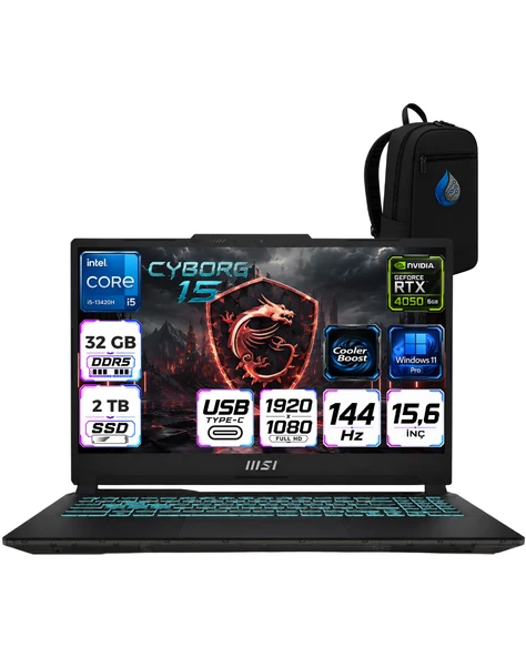 MSI Cyborg 15 Intel Core İ5-13420H 32 GB DDR5 2 TB SSD 6GB/RTX 4050 15.6" FHD 144Hz Windows 11 Pro Gaming Laptop Oyuncu Bilgisayarı A13VE-1252XTRRNP11+ÇANTA ürün görseli 1
