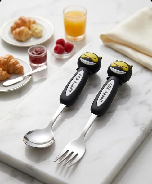 SEVİMLİ Figürlü Premium Çocuk BPA Free Paslanmaz Çelik Uçlu Çatal-Kaşık Set 24+ Ay siyah renk ürün görseli 1