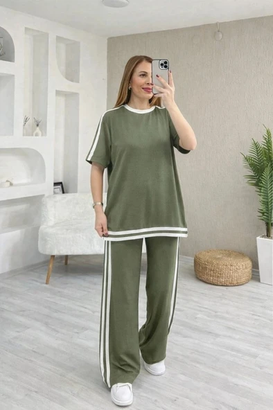 Kadın Kısa Kollu Bisiklet Yaka çift Renk şerit Detaylı Viskon Iki Iplik Bluz Ve Pantolon Ikili Takım ürün görseli 1