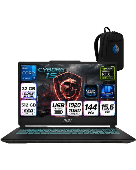 MSI Cyborg 15 Intel Core İ5-13420H 32 GB DDR5 512 GB SSD 6GB/RTX 4050 15.6" FHD 144Hz Windows 11 Pro Gaming Laptop Oyuncu Bilgisayarı A13VERNP09 ürün görseli 1