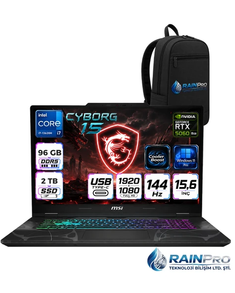 MSI Cyborg 15 Intel Core i7-13620H 96 GB DDR5 2 TB SSD 8GB/RTX5060 15.6" FHD 144Hz Windows 11 Pro Gaming Laptop  B13WFKG-490XTRRNP31+ÇANTA ürün görseli 1