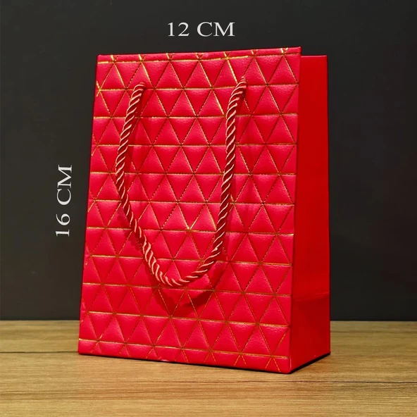 Kırmızı Geometrik Desenli Mini Boy Karton Hediye Çantası ürün görseli 1