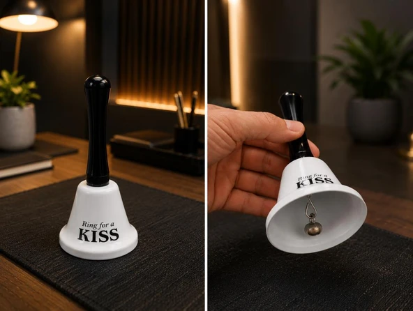 El Çanı Dekoratif Masa Zili – Ring For A Kiss Tasarımlı Romantik Hediye 13 cm Çan Zil  Beyaz ürün görseli 1
