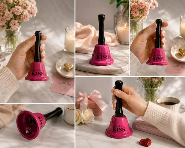 El Çanı Dekoratif Masa Zili – Ring For A Kiss Tasarımlı Romantik Hediye 13 cm Çan Zil ürün görseli 1