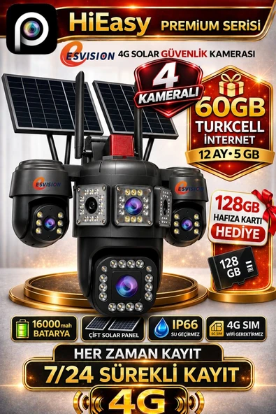 EsVision 7021 128GB 4 Kameralı 4G Çift Solar Panel 16X Zoom Dual Batarya HiEasy AOV (Sürekli Kayıt) Gece Görüş Çift Yönlü Ses Turkcell 1 Yıl İnternet ürün görseli 1